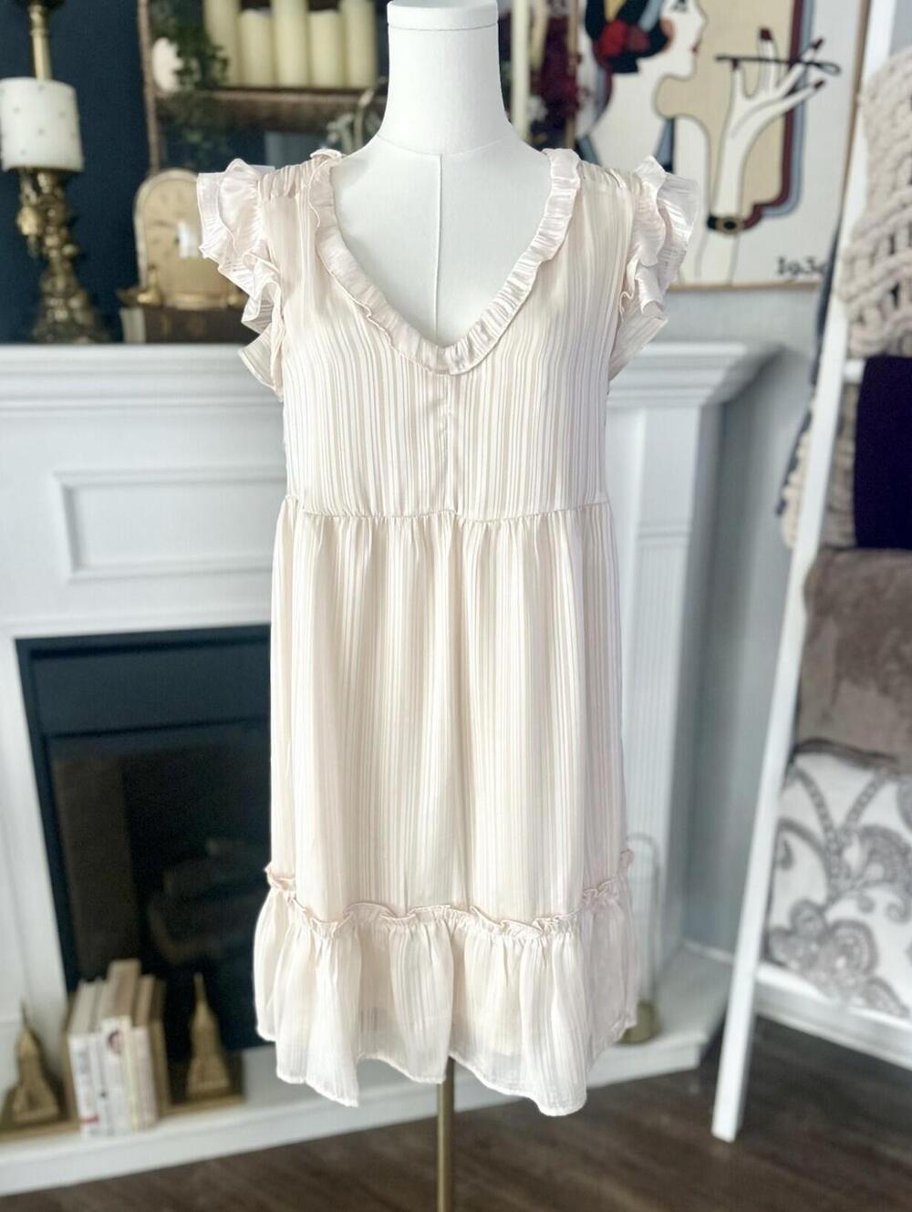 Emma and Michele Cream Silky Babydoll Mini Dress W/Ruffles Women’s Size Small
